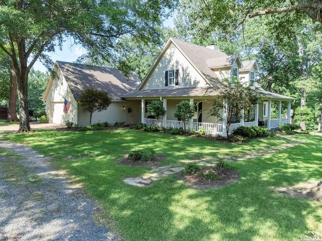 farmhouse-style home with covered porch, a garage, and a front lawn