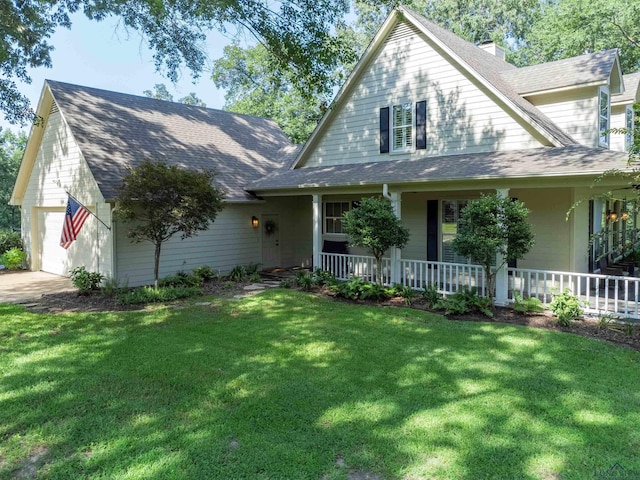 farmhouse inspired home with a porch, a front yard, and a garage