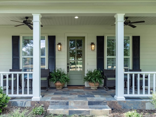 doorway to property featuring ceiling fan