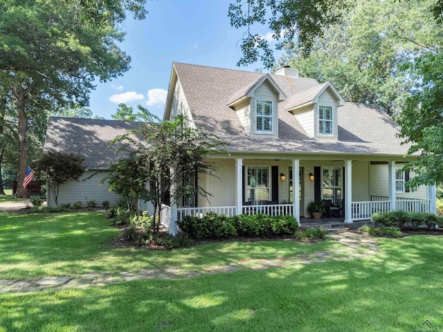 cape cod home featuring covered porch and a front yard