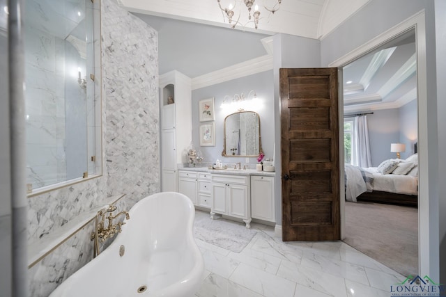 1882 County Road 3000, Joaquin, TX 75954 - full bathroom with crown molding, a freestanding tub, vanity, marble finish floors, and ensuite bath