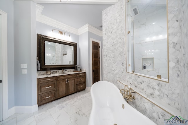 1882 County Road 3000, Joaquin, TX 75954 - bathroom with a soaking tub, vanity, marble finish flooring, and crown molding