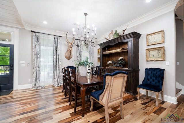 1882 County Road 3000, Joaquin, TX 75954 - dining space with a chandelier, light wood finished floors, crown molding, and recessed lighting