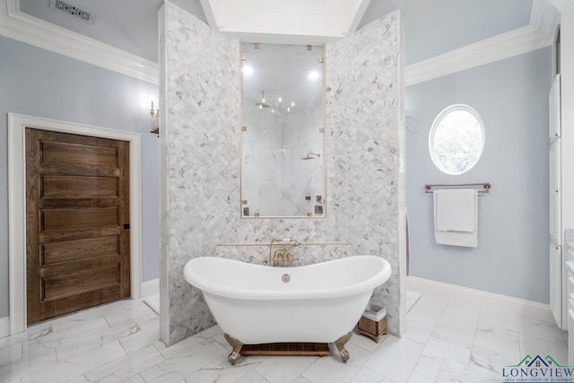 1882 County Road 3000, Joaquin, TX 75954 - full bathroom with ornamental molding, marble look tile flooring, a freestanding bath, and a marble finish shower