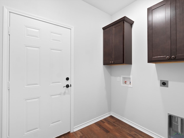 washroom featuring hookup for an electric dryer, washer hookup, cabinets, and dark wood-type flooring