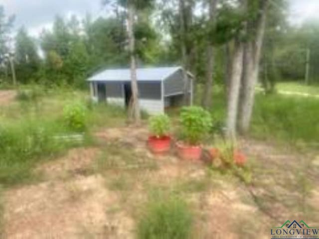 view of yard with an outbuilding, an attached carport, and dirt driveway