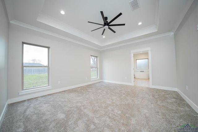 spare room featuring carpet floors, a raised ceiling, ceiling fan, and ornamental molding