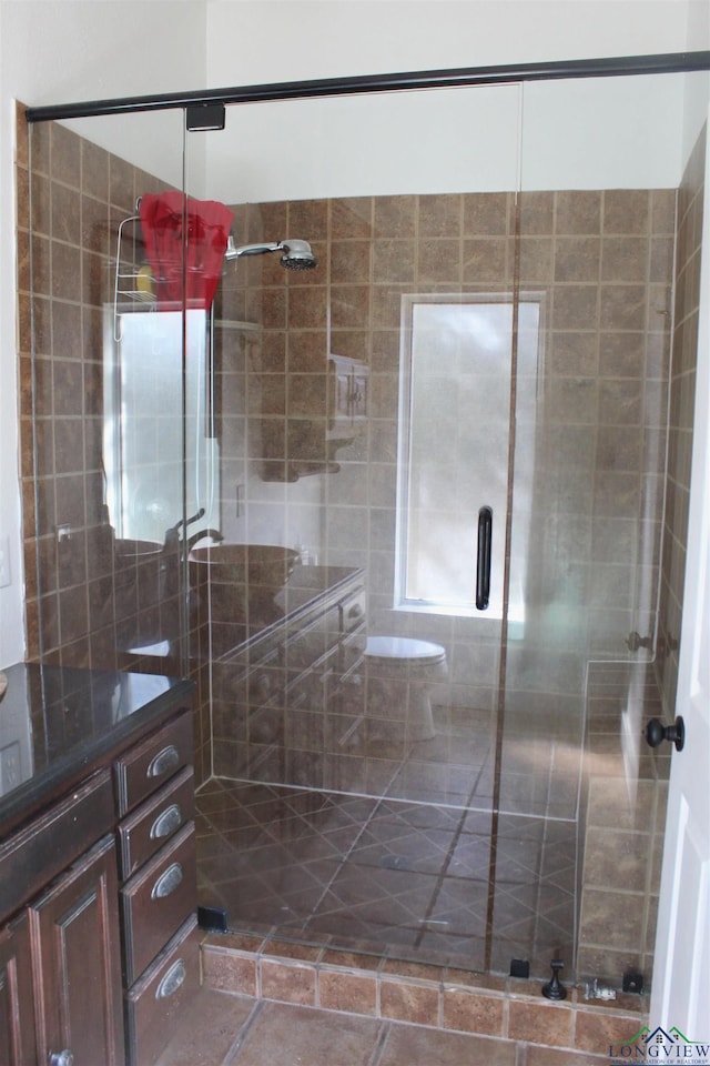 bathroom featuring vanity and a shower with door