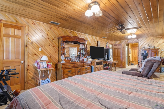 bedroom with ceiling fan, wooden walls, and wood ceiling