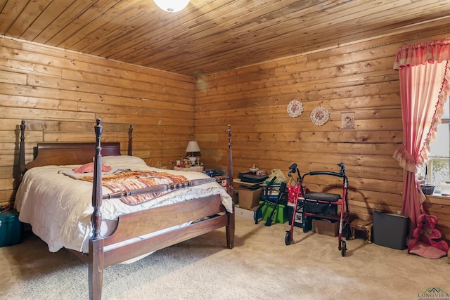 carpeted bedroom with log walls and wood ceiling