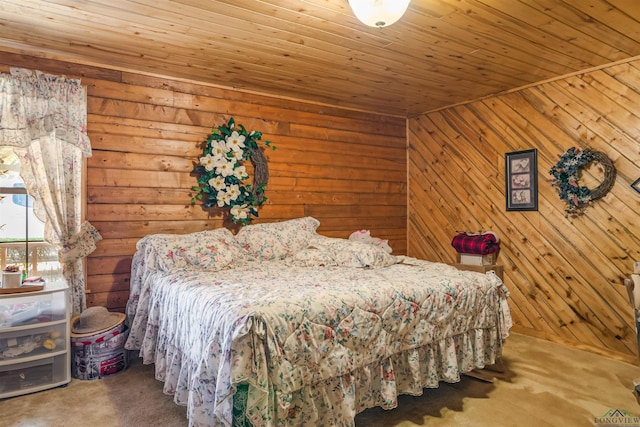 bedroom featuring carpet floors and wood ceiling