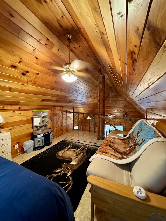 bedroom featuring wood walls, wood ceiling, and vaulted ceiling