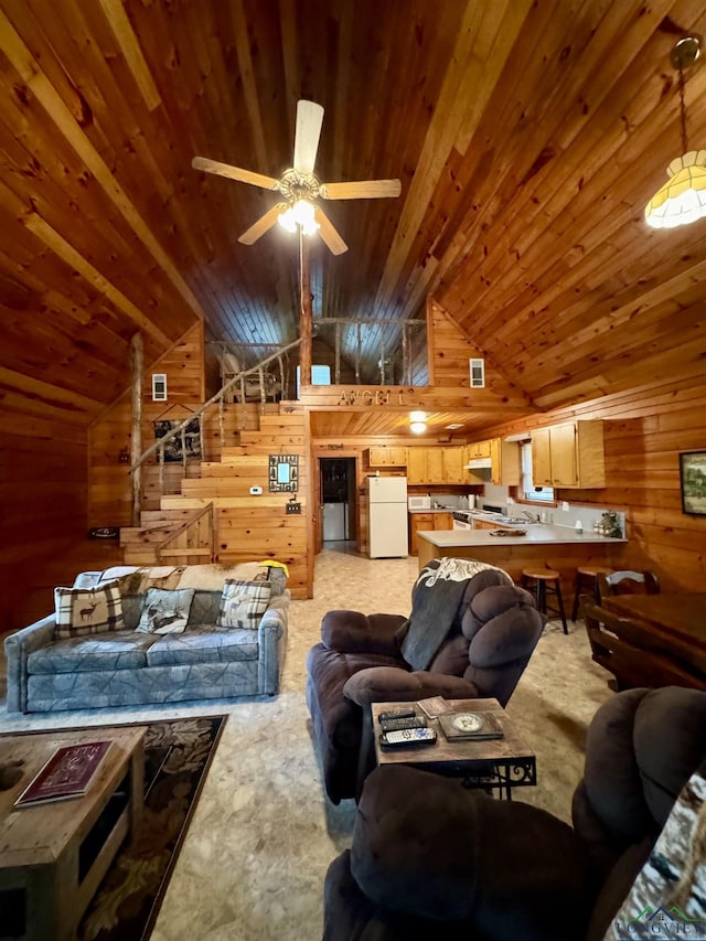 carpeted living room featuring wooden walls and wooden ceiling