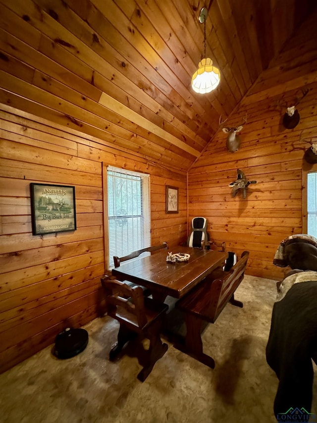 interior space with wooden walls, wooden ceiling, and vaulted ceiling