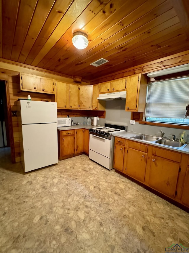 kitchen featuring white appliances, sink, and wood ceiling