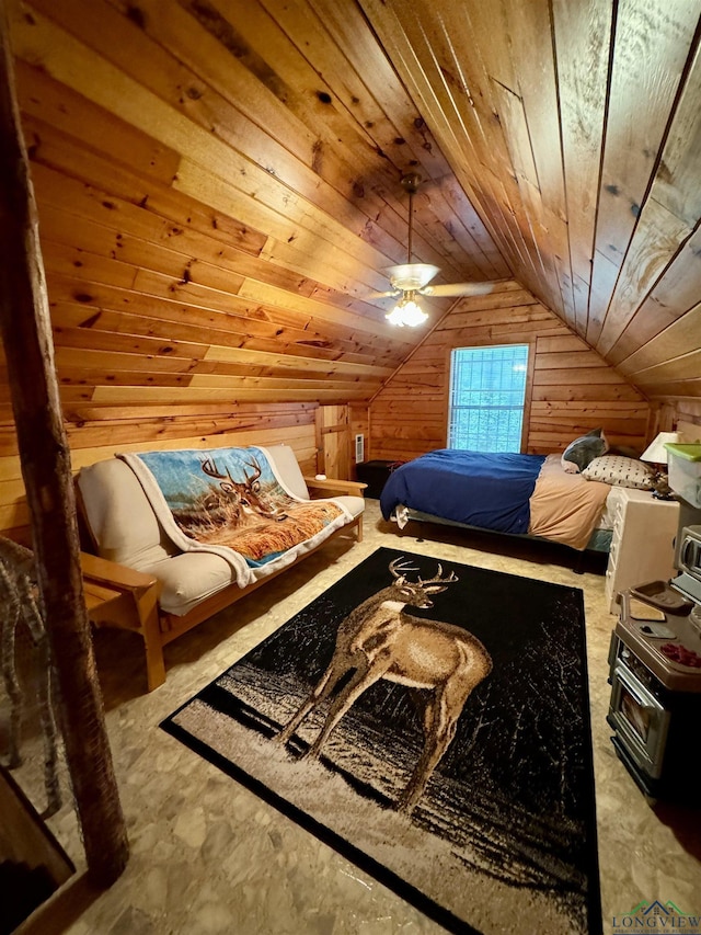 bedroom featuring wood walls, ceiling fan, wooden ceiling, and lofted ceiling