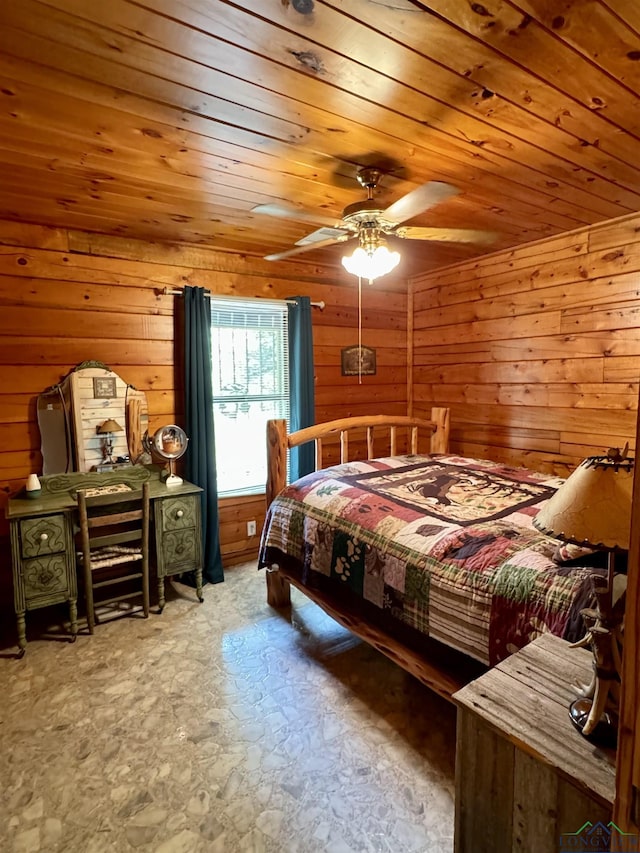 bedroom featuring ceiling fan, wooden walls, and wooden ceiling