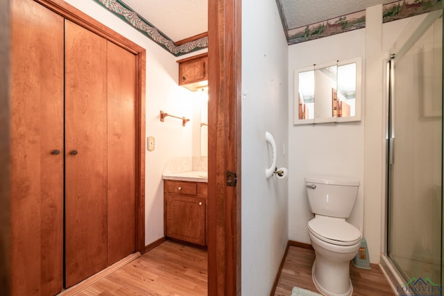 bathroom featuring vanity, wood-type flooring, a textured ceiling, and toilet