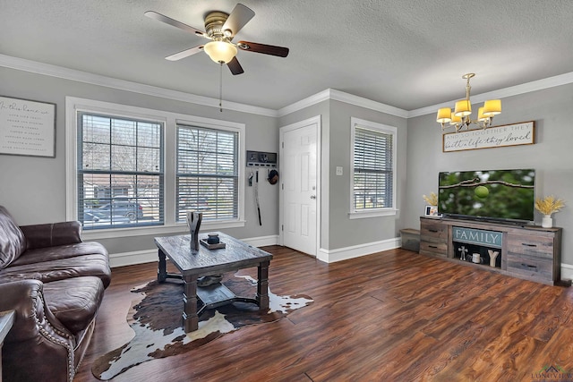 living area featuring a textured ceiling, ornamental molding, and wood finished floors