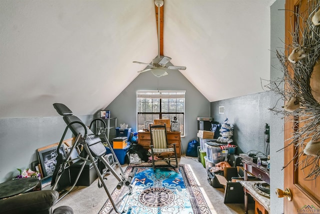 bonus room with lofted ceiling with beams, carpet, and a ceiling fan