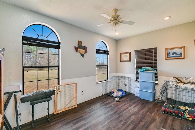 misc room with a ceiling fan, recessed lighting, and wood finished floors