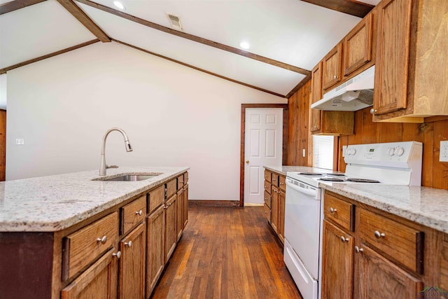 kitchen featuring white electric range oven, a sink, lofted ceiling with beams, brown cabinets, and under cabinet range hood