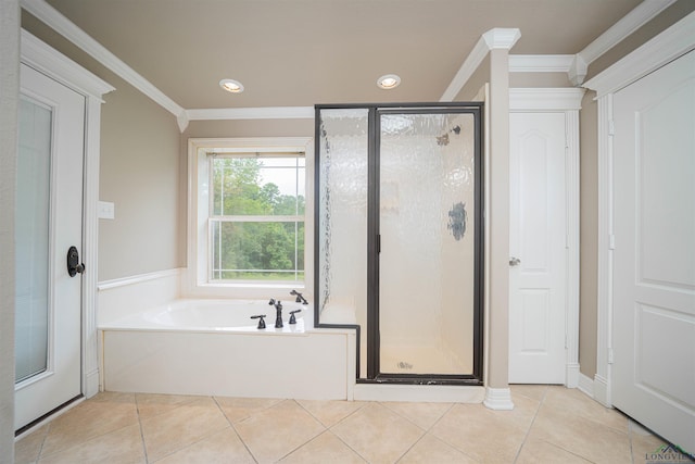8686 Locust Rd, Big Sandy, TX 75755 - full bathroom with a shower stall, a bath, tile patterned floors, ornamental molding, and recessed lighting