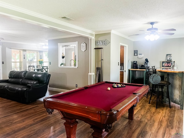 204 Vinewood Ln, Longview, TX 75604 - playroom with wood finished floors, crown molding, billiards table, a ceiling fan, and baseboards