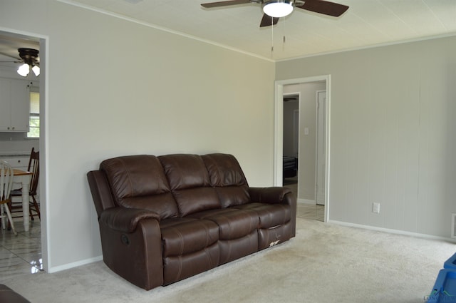 105 W Highland Ave, Longview, TX 75602 - living area featuring a ceiling fan, baseboards, carpet flooring, and crown molding
