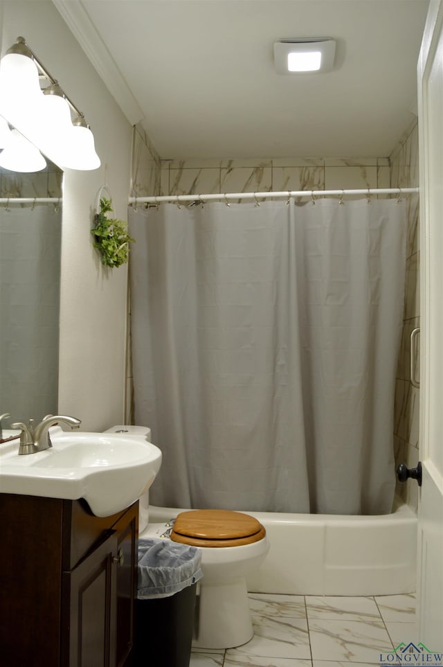 105 W Highland Ave, Longview, TX 75602 - bathroom with shower / bathtub combination with curtain, marble finish flooring, vanity, toilet, and ornamental molding