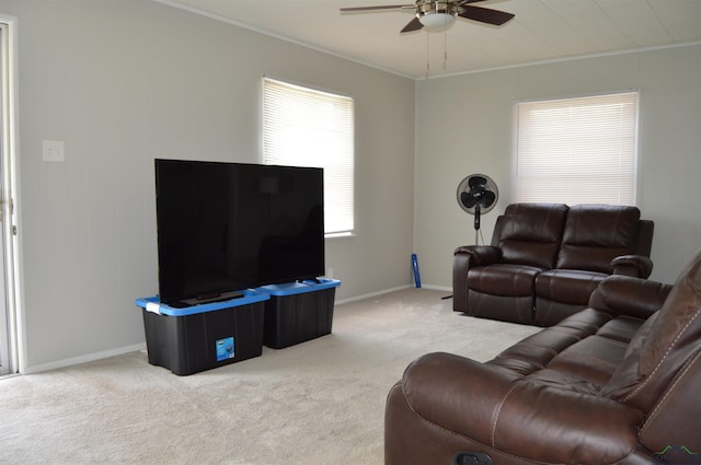 105 W Highland Ave, Longview, TX 75602 - living area featuring ceiling fan, ornamental molding, light carpet, and baseboards