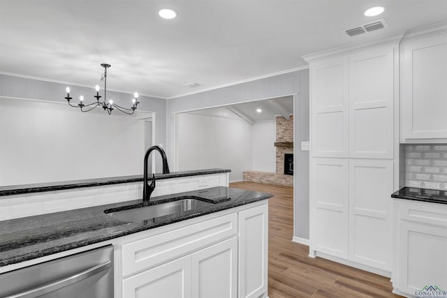 kitchen featuring a sink, white cabinetry, visible vents, and stainless steel dishwasher