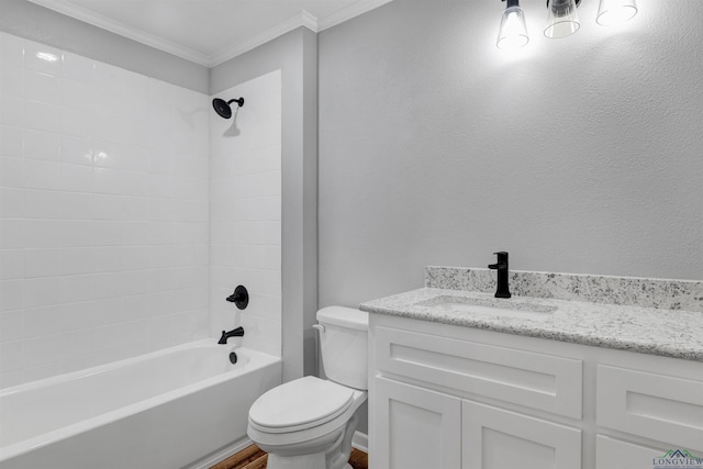 full bathroom with washtub / shower combination, vanity, toilet, and crown molding