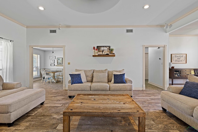 living room featuring dark hardwood / wood-style floors and ornamental molding