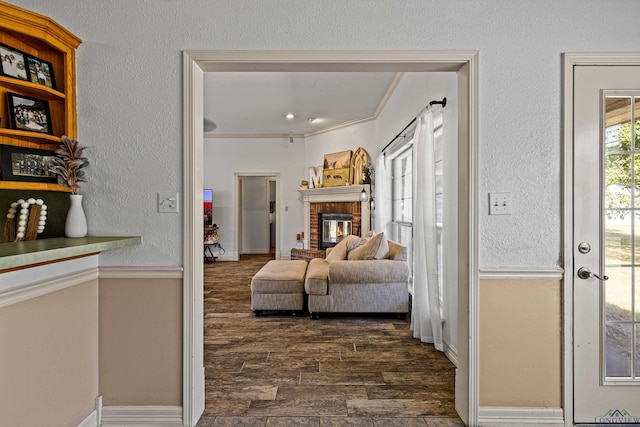 hallway with dark hardwood / wood-style flooring and crown molding