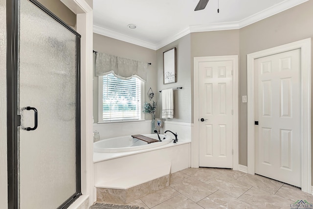 4300 Willow Bnd, Longview, TX 75602 - full bathroom with a stall shower, a bath, ornamental molding, and ceiling fan