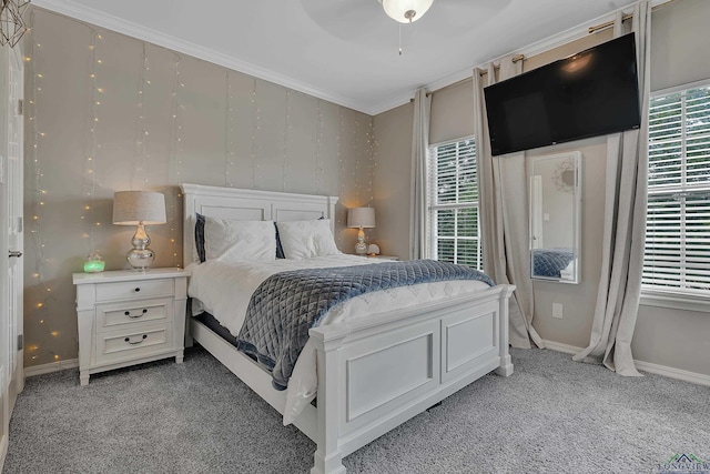 4300 Willow Bnd, Longview, TX 75602 - bedroom featuring light colored carpet, baseboards, ornamental molding, and a ceiling fan