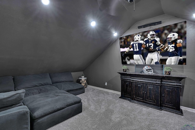 4300 Willow Bnd, Longview, TX 75602 - carpeted cinema featuring vaulted ceiling, baseboards, and recessed lighting