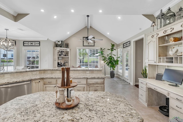 4300 Willow Bnd, Longview, TX 75602 - kitchen with stainless steel dishwasher, a chandelier, a ceiling fan, light stone counters, and ornamental molding