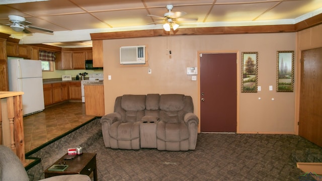 living room featuring ceiling fan and a wall mounted AC