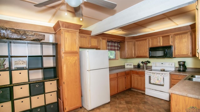 kitchen with sink, white appliances, and ceiling fan