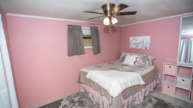 bedroom with ceiling fan and crown molding