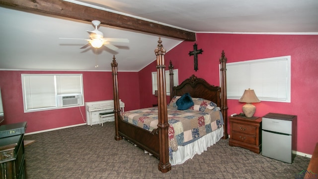 bedroom featuring lofted ceiling with beams, refrigerator, ceiling fan, and dark colored carpet