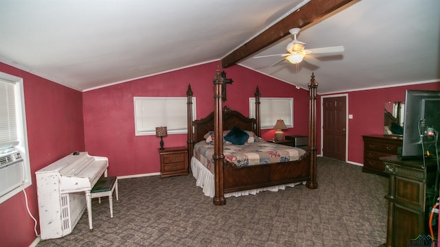 carpeted bedroom with ceiling fan, crown molding, and vaulted ceiling with beams