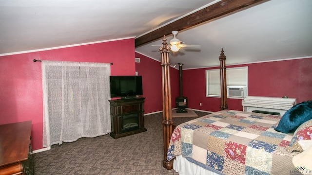 carpeted bedroom featuring ceiling fan, cooling unit, lofted ceiling with beams, and crown molding