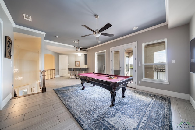 recreation room with ceiling fan, ornamental molding, and billiards