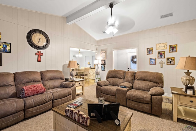 living room featuring lofted ceiling with beams and ceiling fan