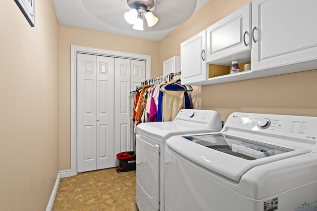 laundry room featuring ceiling fan, cabinets, and washing machine and clothes dryer