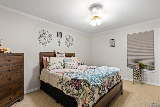 carpeted bedroom with ornamental molding