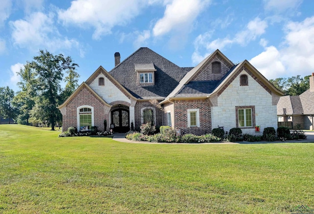 view of front facade featuring french doors and a front yard